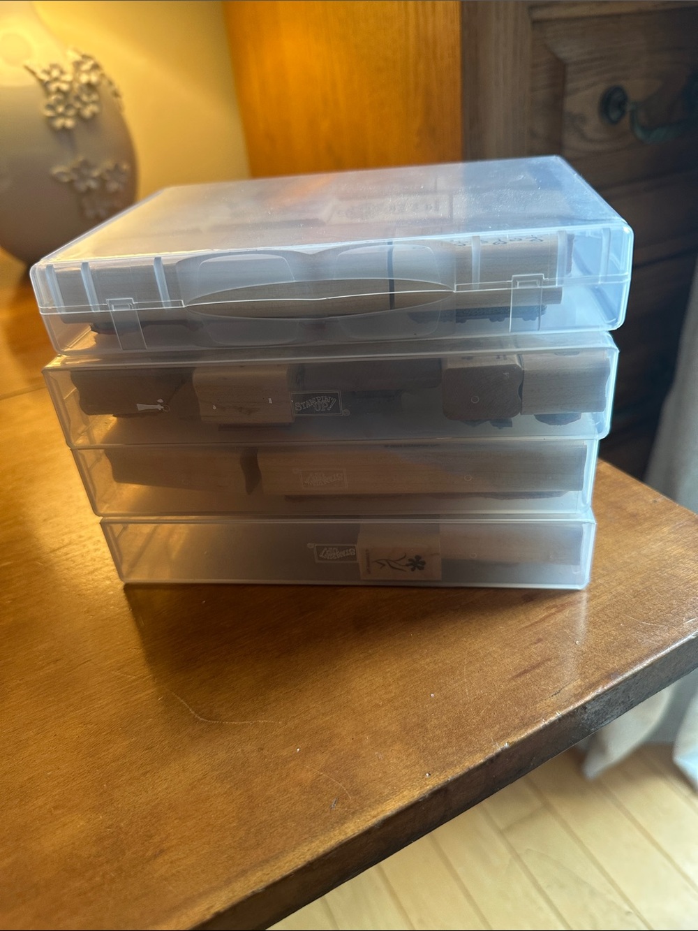 Stampin Up Wooden Flower Stamps In Clear Stackable Plastic Storage Box